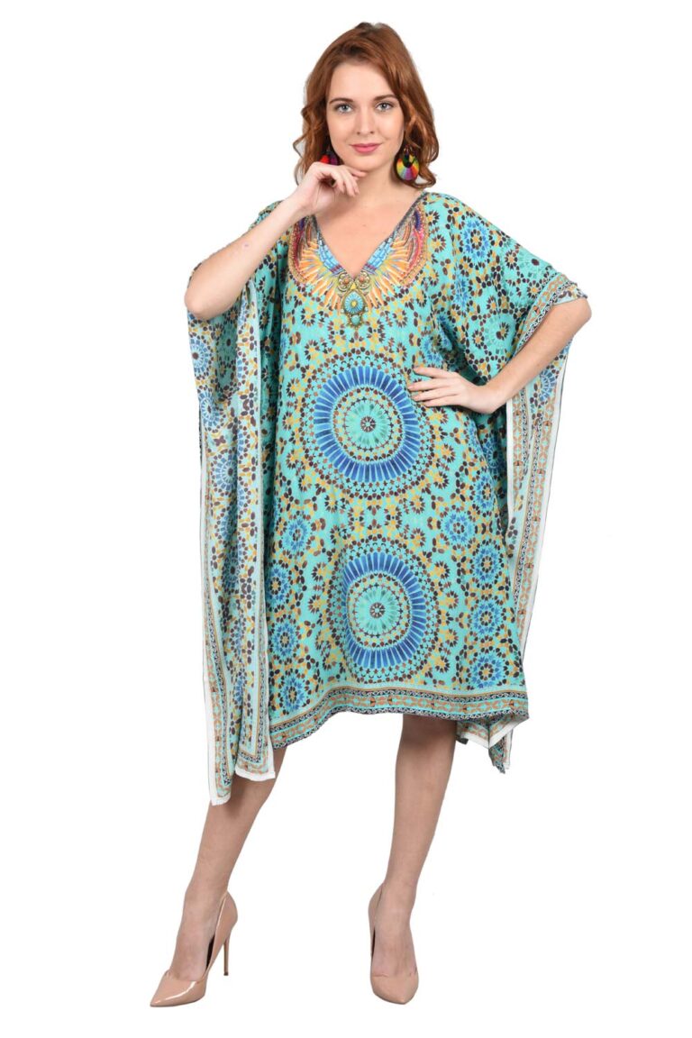 Cyan Mandala Short Kaftan with Decorative Neck and borders - Kaftan Dress