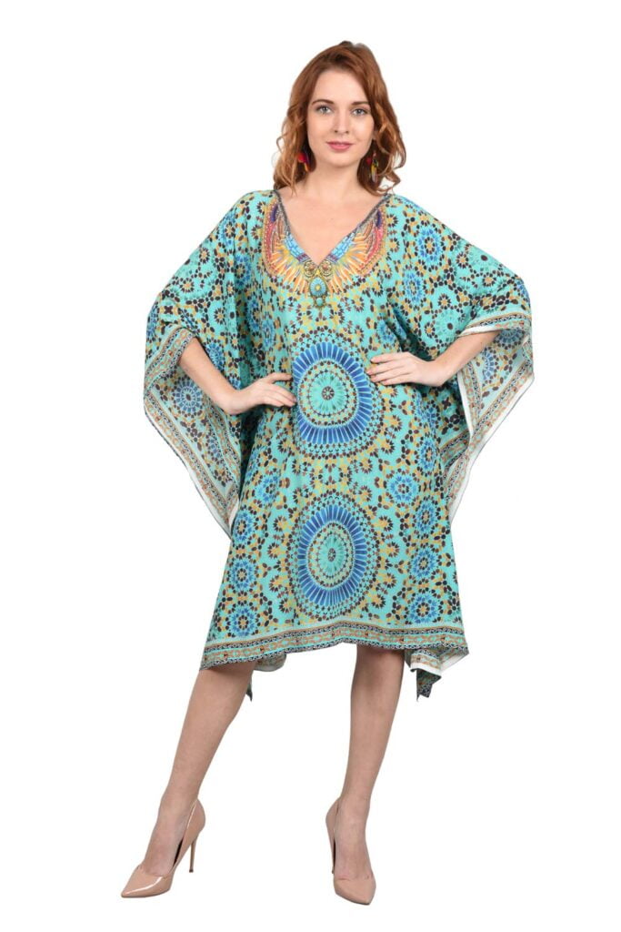 Cyan Mandala Short Kaftan with Decorative Neck and borders - Kaftan Dress