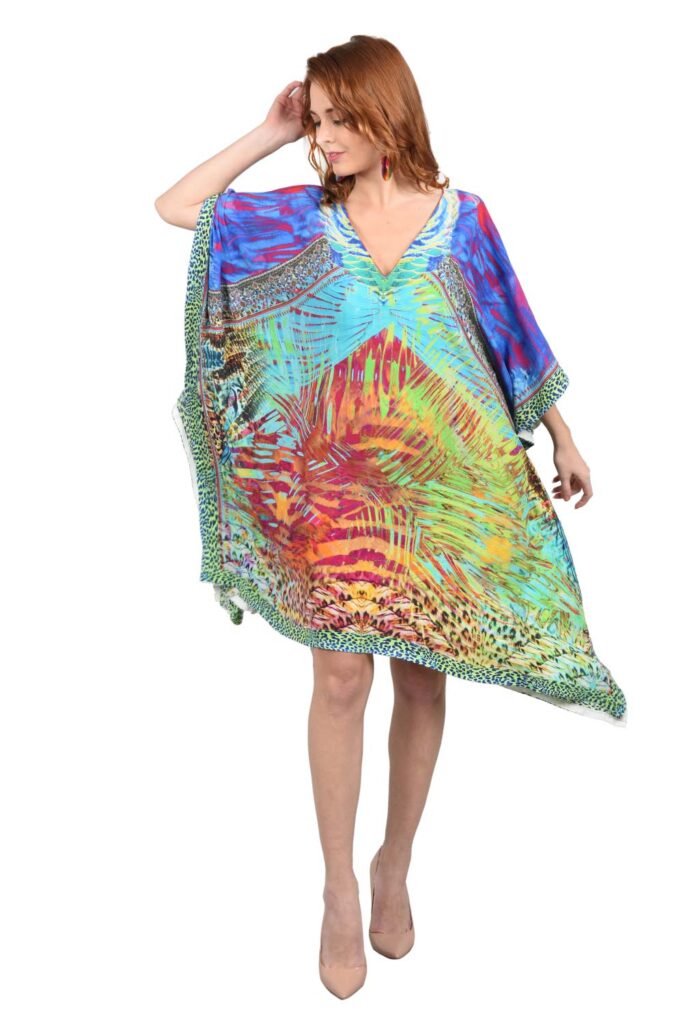 Crazy Ocean Short Kaftan - Colorful Short Dress - Silk Kaftan